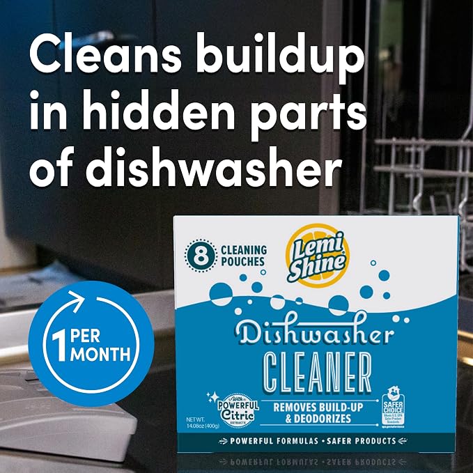 Lemi Shine Natural Dishwasher Cleaner & Deodorizer - 14.08 oz (8 Pack) | Hard Water Citric Acid Cleaning Powder - Lemon Scented Eco-Friendly Dishwasher Cleaner & Deodorizer