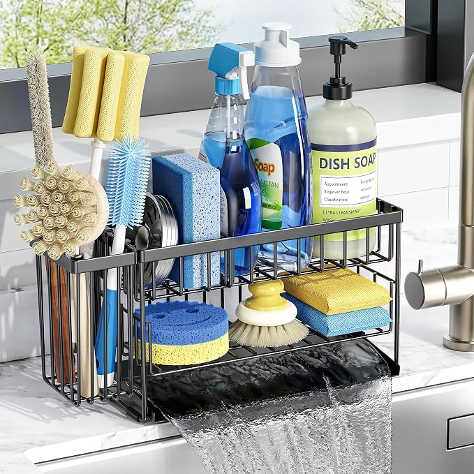 Cisily 2-Tier Kitchen Sink Caddy Organzier Rack with Dish Brush Sponge Holder | Kitchen Sink Countertop Organization Storage,Home Decor Accessories Essentials Stainless Steel