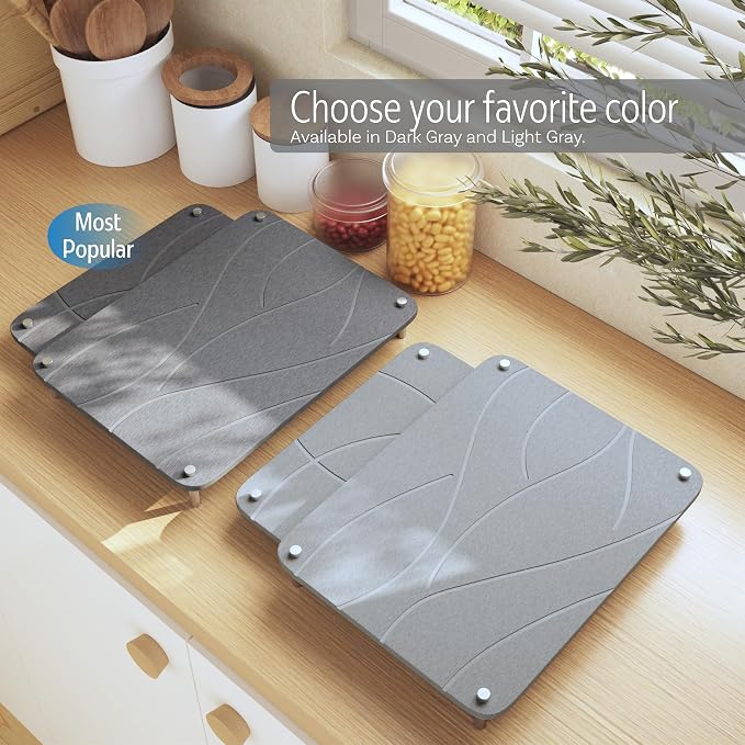 Nested Dish Drying Stone Mat with Bamboo Rack | Large 16"x12" Dish Drying Mat plus 13"x12" Diatomaceous Earth Stone Mat | Expands to 29” x 12” | Premium Stone Mat for Kitchen Counter (Dark Gray)