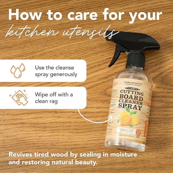 CLARK'S Natural Cutting Board Spray Cleaner 12oz, with Microfiber Cloth, for Wood Countertop – Pure Ingredients Filtered Water, Distilled Vinegar, Castile Soap, Lemon & Orange Citrus Oil Extracts