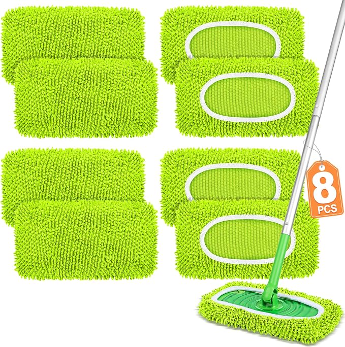 8 Pack Reusable Mop Pads Compatible with Swiffer Sweeper, Dry Sweeping Cloths & Wet Mopping Cloths - Microfiber Mop Pads for Hardwood Floors, Floor Cleaning, Wood Floors (Fluorescent Green)