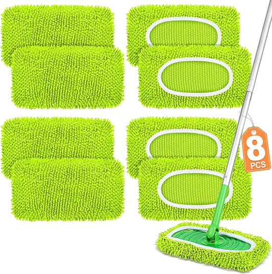 8 Pack Reusable Mop Pads Compatible with Swiffer Sweeper, Dry Sweeping Cloths & Wet Mopping Cloths - Microfiber Mop Pads for Hardwood Floors, Floor Cleaning, Wood Floors (Fluorescent Green)
