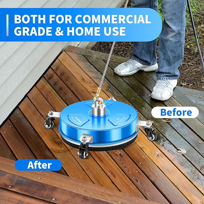 LidoDola 14'' Pressure Washer Surface Cleaner Blue, Power Washer Accessory | Stainless Steel Housing with 4 Wheels, 1/4" QC, 2 Extension Wands & 2 Replacement Nozzles, for Gas & Electric Pressure Washer