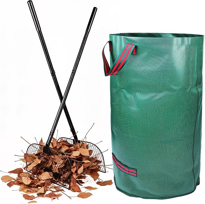 Leaf Grabber Rake with Long Handle Leaf Collector Grass Picker Upper with Yard Bags No Bend Leaves Pickup Tool and Hands Rake for Gardening-Efficient and Labor Saving