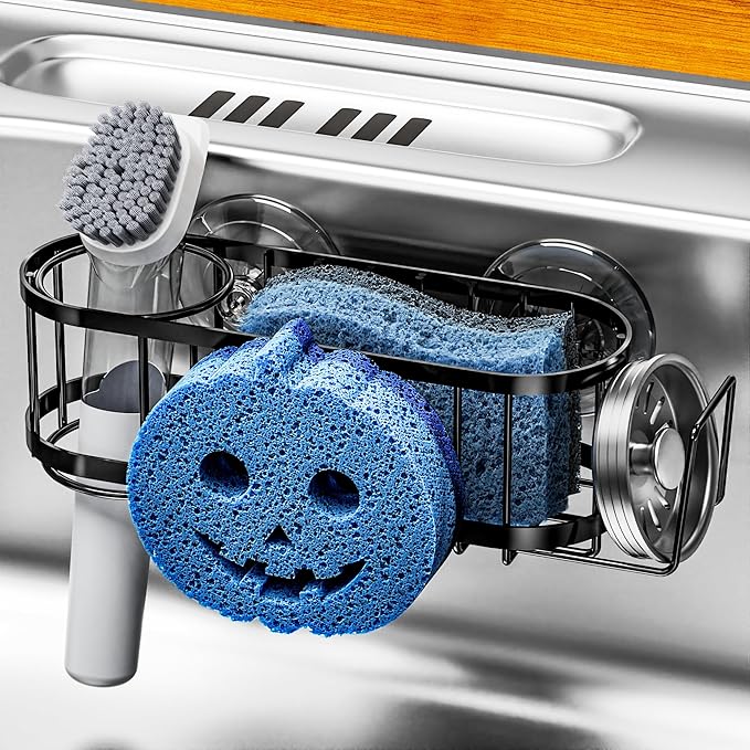 Cisily Sponge Holder Smiley Face, Sink Caddy for kitchen Sink, Kitchen Organizer Sponge Holder with 2 PCS Suction Cups and Adhesive Strips, Designed for Sponge, Soap, Dish brush, Scrubber-Black
