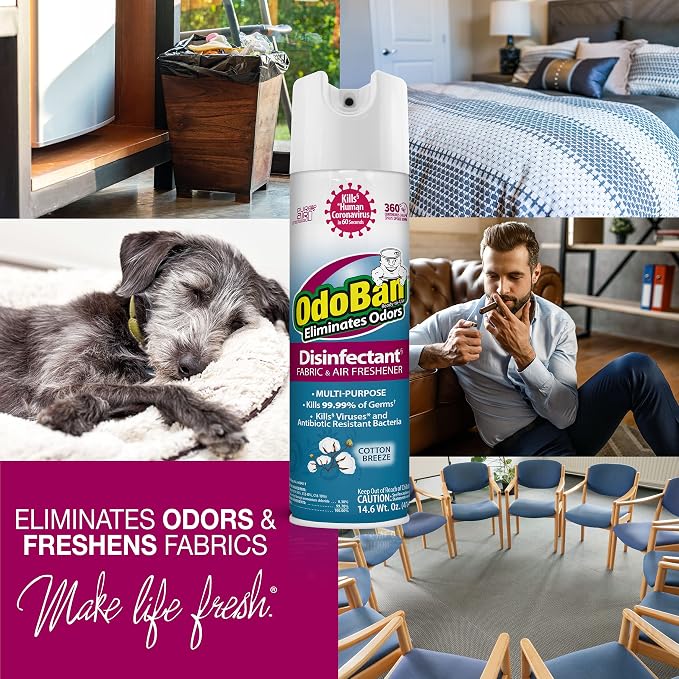OdoBan Ready-to-Use 360-Degree Continuous Spray Disinfectant & Harsh Aroma Eliminator, Fabric & Air Freshener, Made in the USA, Cotton Breeze Scent, 14.6 Ounces, 6 Pack