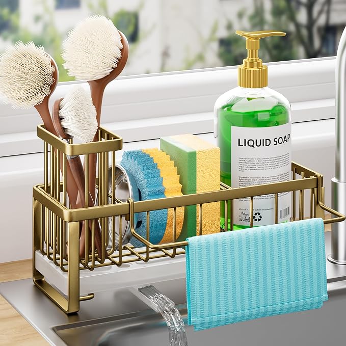 HapiRm Sponge Holder for Kitchen Sink - Self-draining Sink Caddy with Brush and Dishcloth Holders, Stainless Steel Kitchen Countertop Organizers and Storage Essentials - Dark Gold