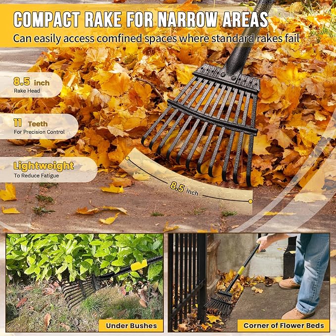 Leaf Rake, Small Rake for Leaves with 30"-75" Adjustable Long Handle, 11 Tines 8.5" Wide, Metal Rakes Heavy Duty for Lawns, Gardening, Yard, Camping, Shrub, Grass, Bush, Weed, Debris