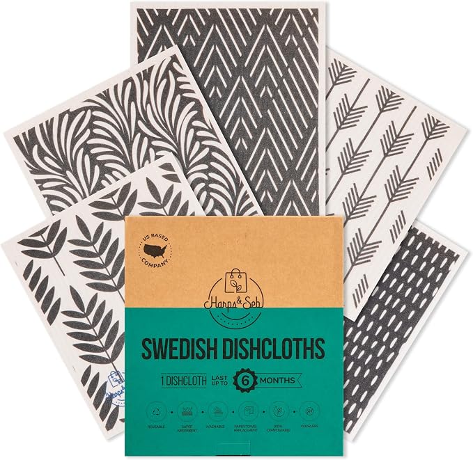 Harps&Seb Swedish Dishcloths for Kitchen Dish Towels - 5 Pack, Non-Scratch Reusable Paper Towels, Super Absorbent Washable Swedish Dish Cloths, No Odor, Biodegradable, Black and White Design