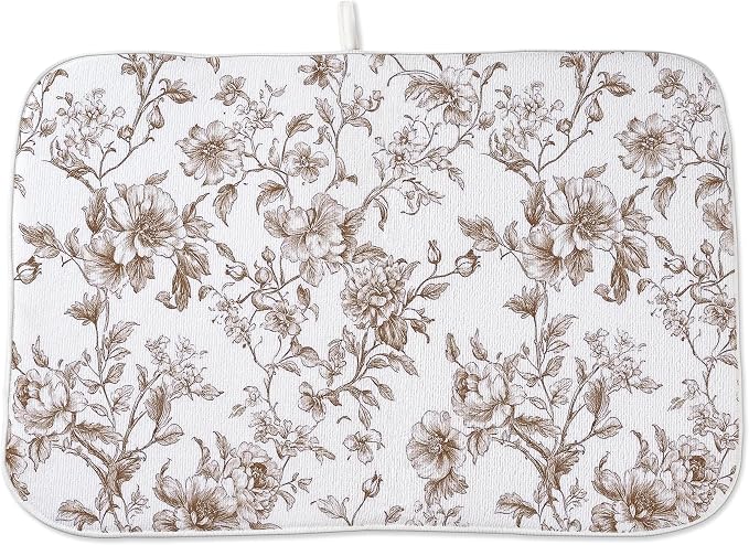 Chinoiserie Dish Drying Mat 18x24 Inches For Kitchen Counter Brown Floral Kitchen Decoration Drying Mat Vintage Decorative Flower Drying Pad Mat for Home Kitchen Decor,Dining Room,Office Decor