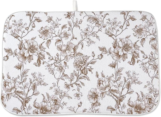 Chinoiserie Dish Drying Mat 18x24 Inches For Kitchen Counter Brown Floral Kitchen Decoration Drying Mat Vintage Decorative Flower Drying Pad Mat for Home Kitchen Decor,Dining Room,Office Decor
