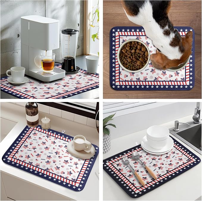 4th of July Dish Drying Mats for Kitchen Counter Patriotic Independence Day Kitchen Dishes Dryer Pad Stars Absorbent Dish Mat Microfiber Washable Foldable Reusable Large 18x24 in