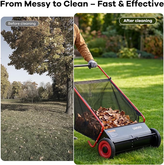 26-Inch Push Lawn Sweeper, Heavy Duty Leaf Sweeper with 4 Brushes & 7Cu.ft Bag, Adjustable Height Steel Frame Leaf,Manual Yard Sweeper for Collector for Yard, Lawn, Garden, Patio