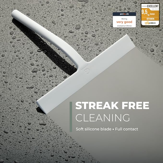 GÜTEWERK Silicone Shower Squeegee for Glass Doors & Mirrors with Stainless Steel Core, Streak-Free & No-Squeak Window Cleaning, 3-in-1 No-Drill Mount (Hook/Suction/Adhesive),White, 15 Inches