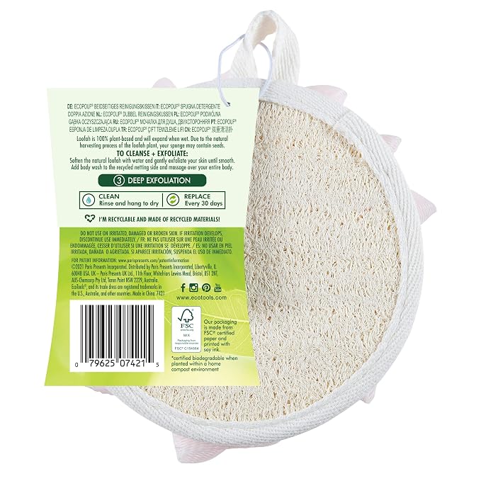 EcoTools EcoPouf Dual Cleansing Pad, Gentle Cleansing Body Scrubber, Exfoliating for Shower & Bath, Pink, 4 Count