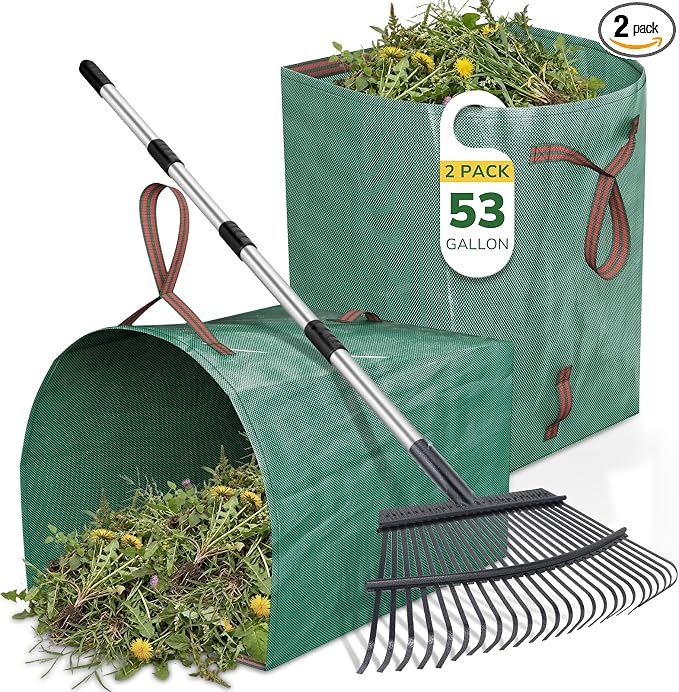 GreatBuddy Leaf Rake and Leaf Bags Combo, Adjustable Metal Garden Rake 29''-72'' 25 Tines, 2 Pack 53 Gallon Reusable Yard Waste Bags, Heavy Duty Lawn Rake with Dustpan Leaf Collector for Yard Cleanup