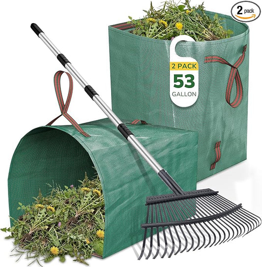 GreatBuddy Leaf Rake and Leaf Bags Combo, Adjustable Metal Garden Rake 29''-72'' 25 Tines, 2 Pack 53 Gallon Reusable Yard Waste Bags, Heavy Duty Lawn Rake with Dustpan Leaf Collector for Yard Cleanup