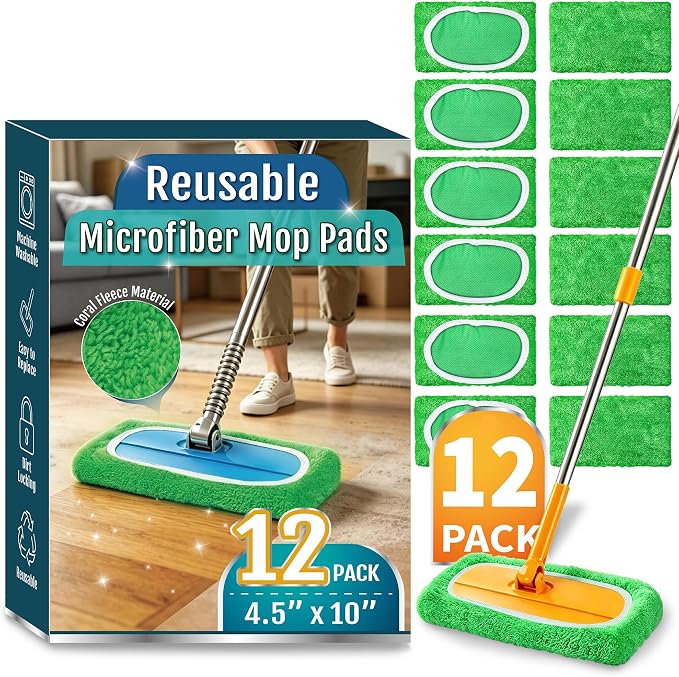 12 Pack Reusable Microfiber Mop Pads Compatible with Swiffer Sweeper | Washable Wet Dry Mop Refills, Machine Washable Sweeping Cloths for Sealed Hardwood, Laminate, Tile and Stone Floors, Green