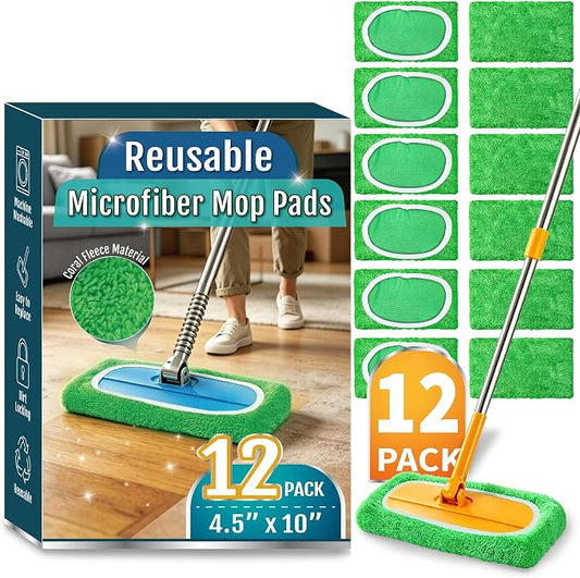 12 Pack Reusable Microfiber Mop Pads Compatible with Swiffer Sweeper | Washable Wet Dry Mop Refills, Machine Washable Sweeping Cloths for Sealed Hardwood, Laminate, Tile and Stone Floors, Green