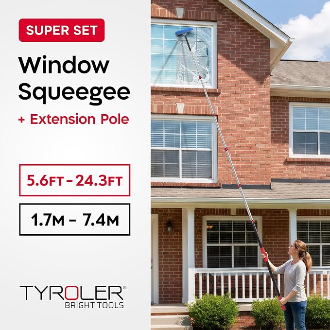Tyroler Professional Window Squeegee with Extension Pole 6-25ft | | Squeegee for Window Cleaning | Outdoor Window Cleaner Tool | Windows Washing Kit with Extension Pole