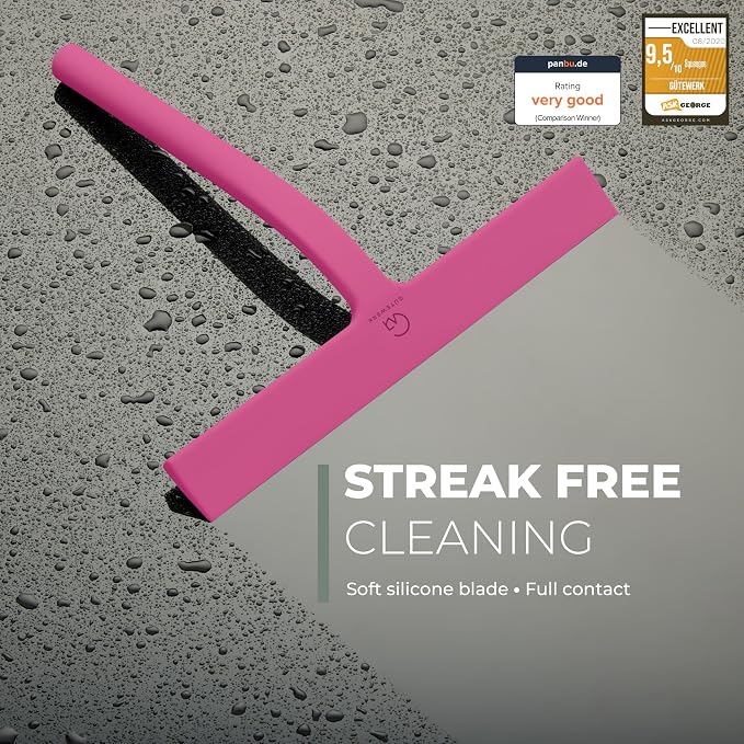 GÜTEWERK Silicone Shower Squeegee for Glass Doors & Mirrors with Stainless Steel Core, Streak-Free & No-Squeak Window Cleaning, 3-in-1 No-Drill Mount (Hook/Suction/Adhesive),Pink, 15 Inches