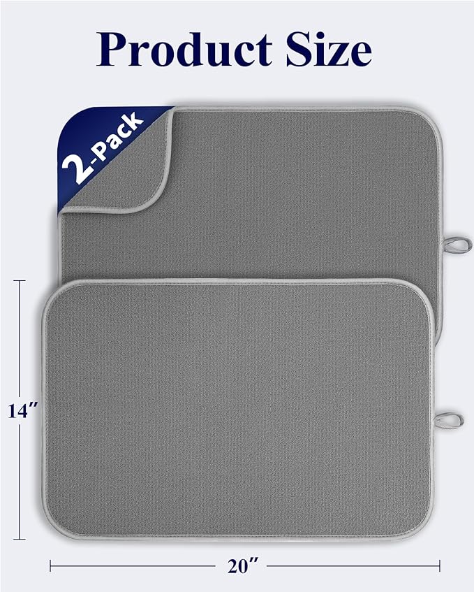 Kitsure Dish Drying Mat - 2-Pack Washable Microfiber Drying Mat for Kitchen Counter, 3-Layer Ultra Absorbent Pad with a Hanging Hook, 20" x 14", Dark Grey