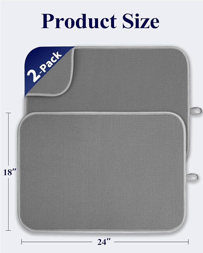 Kitsure Dish Drying Mat - 2-Pack Washable Microfiber Drying Mat for Kitchen Counter, 3-Layer Ultra Absorbent Pad with a Hanging Hook, 24" x 18", Dark Grey