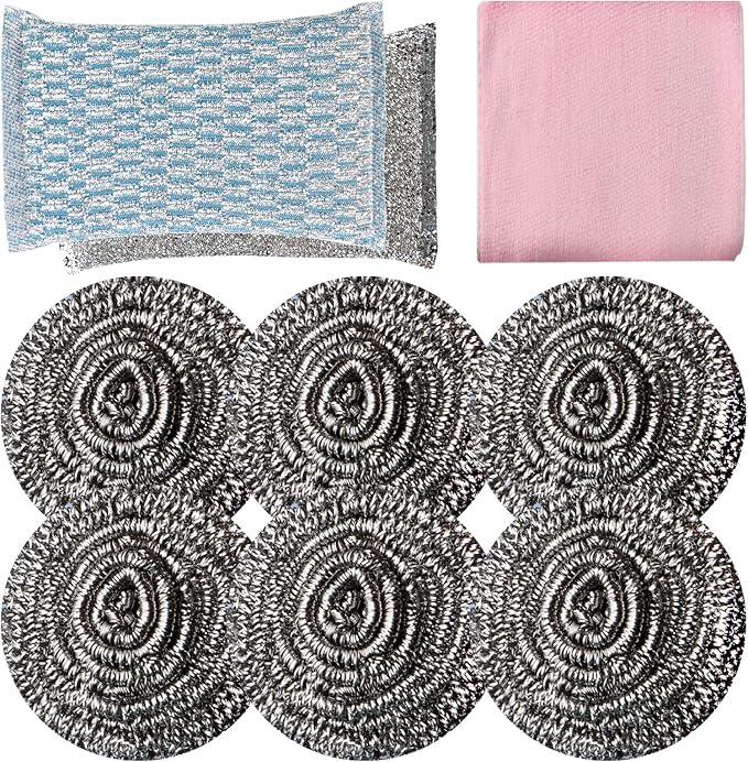 6pcs Stainless Steel Scrubber 2pcs Heavy Duty Scrub Sponges 1pcs Dish Clean Towel for Kitchens Bathroom and More