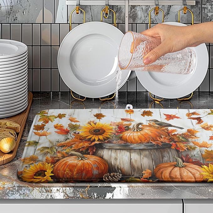 Fall Dish Drying Mat for Kitchen Counter Pumpkin Sunflower Maple Leaf Birds Drying Mats Autumn Thanksgiving Harvest Dish Drainer Mat Absorbent Microfiber Dishes Pad Large 18x24 Inch