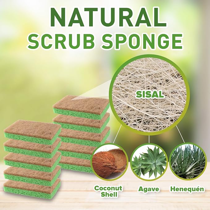 SCRUBIT 48 Pack Natural Sponges - Biodegradable Compostable Cellulose and Coconut Natural Sponges for Dishes, Eco Friendly Non Toxic Kitchen Sponge