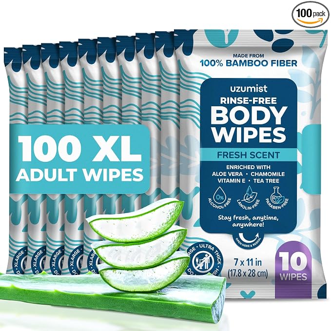 Body Wipes For Adults Bathing No Rinse - 100XL Thick Shower Wipes For Adults No Rinse, 10 Packs of 10 Adult Wipes for Men, Women, Personal Cleansing, Daily Hygiene, Bedridden & Elderly Care, Travel