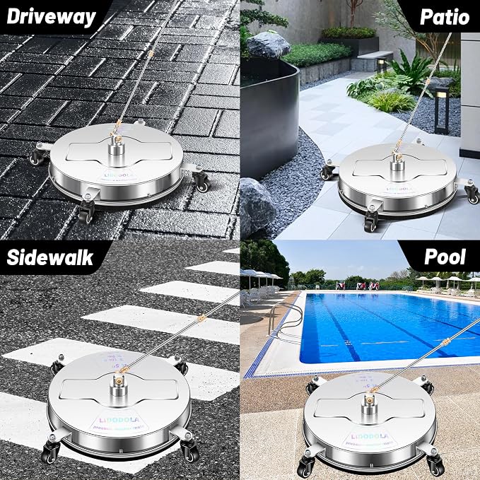 LidoDola 16.5'' Pressure Washer Surface Cleaner, Power Washer Accessory | Stainless Steel Housing with 4 Wheels, 1/4" QC, 2 Extension Wands & 2 Replacement Nozzles, for Gas & Electric Pressure Washer