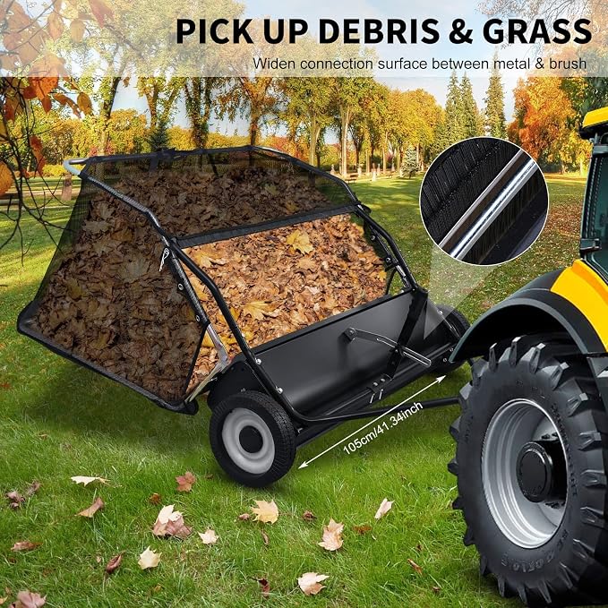 44" Tow Behind Lawn Sweeper Pull Behind Grass Sweeper with 25 cu. ft Large Heavy Duty Leaf & Grass Collector for Lawn and Yard Cleanup Tool Black（US Fast Arrival）