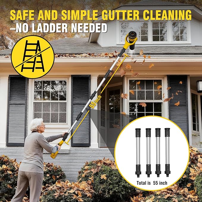 Roof Gutter Cleaning from The Ground, Leaf Blowers for Dewalt 20V Battery | (Tool Only)55" extension pole, brushless motor,580CFM/180MPH,270° nozzle clean roof gutters safely from the ground