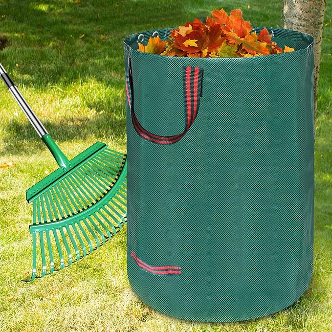Adjustable Metal Leaf Rake Set – 25 Tines, 38-73" Handle, 19" Wide with 2 Pack 32-Gallon Leaf Bags & Scoops – Heavy Duty Garden Rake for Lawns, Shrubs, Grass, Flower Beds & Outdoor Use