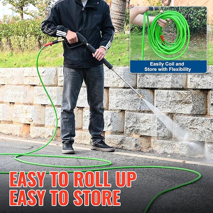 YAMATIC Super Flexible Pressure Washer Hose 30FT for Power Washer Replacement, Kink Resistant Extension With Leak-Free M22-14mm Female & 3/8" Quick Connect Adapters, 1/4" 3200 PSI, Green