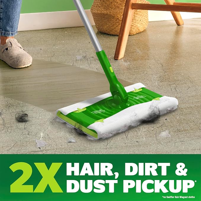 Swiffer Hair Magnet Deluxe Starter Kit with Collapsible Pole, 9 Hair Magnet Dry Cloths, 2 Bonus Mop & Go Wet Cloths