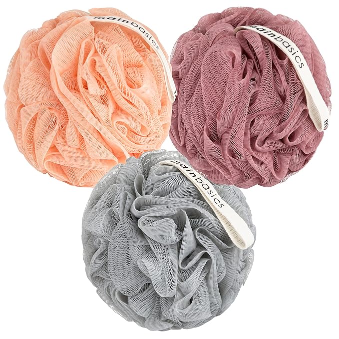 MainBasics Shower Loofah Sponge Pouf, Set of 3, Coral Reef | Soft Mesh Body Scrubber and Bath Sponge for Gentle Exfoliation, Rich Lather, and Everyday Shower Use