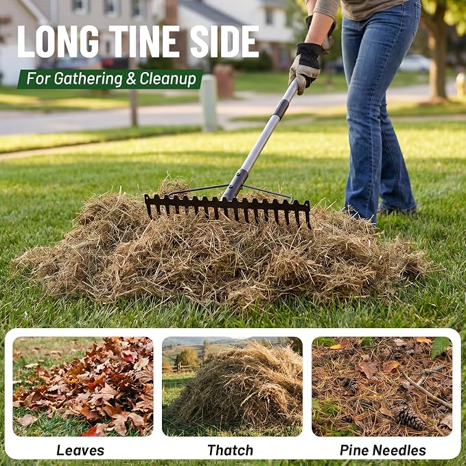 Walensee Heavy Duty Dual-Sided Bow Rake, 63" Stainless Steel Handle, Heat-Treated Manganese Steel Head, 17 Steel Tines Metal Garden Rake for Soil Loosening, Yard Leveling, Lawn Care and Thatch Removal
