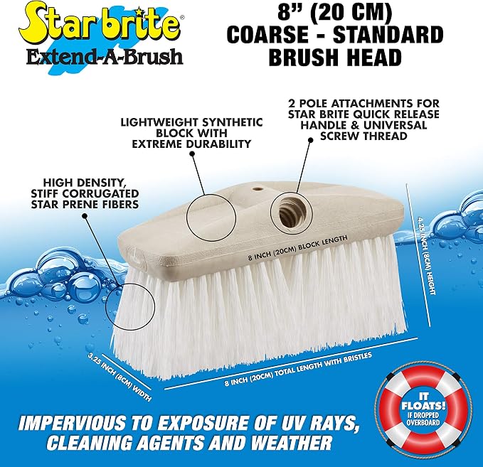 STAR BRITE 8" Heavy Duty Cleaning Brush – Durable, High-Density Star Prene Fibers for Boat Decks, Docks & Tough Surfaces – Fits 3/4" Threaded or Extend-A-Brush Handles – Stiff Bristle, White (040010)