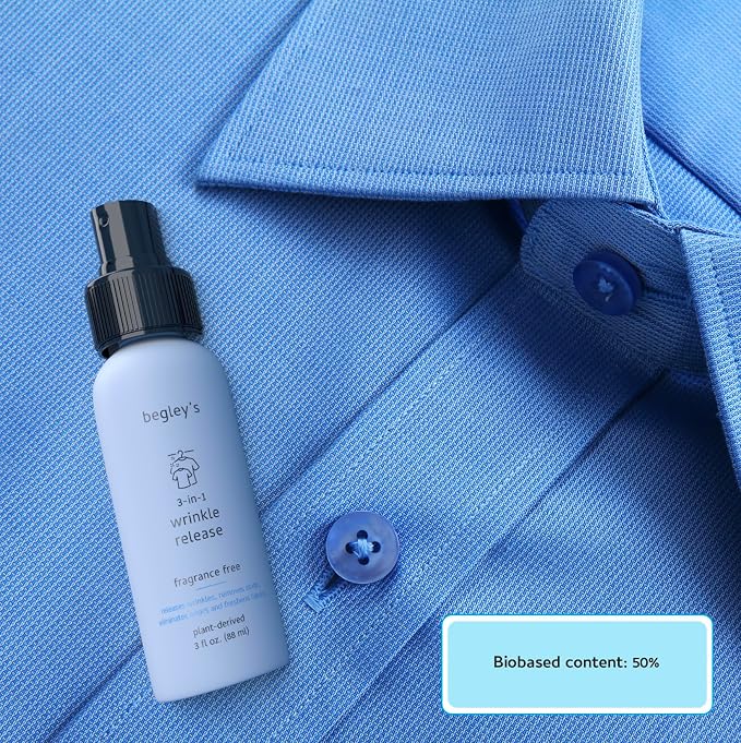 Begley's 3-in-1 Wrinkle Remover, Quick Fix Wrinkle Release, Static Cling Remover, Odor Eliminator and Fabric Refresher Spray - USDA Certified Biobased - Fragrance-Free, 16 oz
