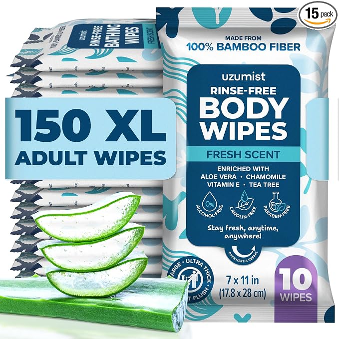 Body Wipes For Adults Bathing No Rinse - 150XL Thick Shower Wipes For Adults No Rinse, 15 Packs of 10 Adult Wipes for Men, Women, Personal Cleansing, Daily Hygiene, Bedridden & Elderly Care, Travel