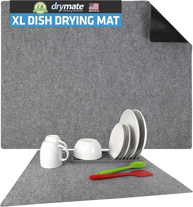 Drymate Jumbo XL Dish Drying Mat (19”x24”), Low-Profile, Super Absorbent, Quick Dry Fabric, Waterproof & Slip-Resistant, for Kitchen Counter, Trimmable, Easy to Clean (USA Made)(Light Grey)
