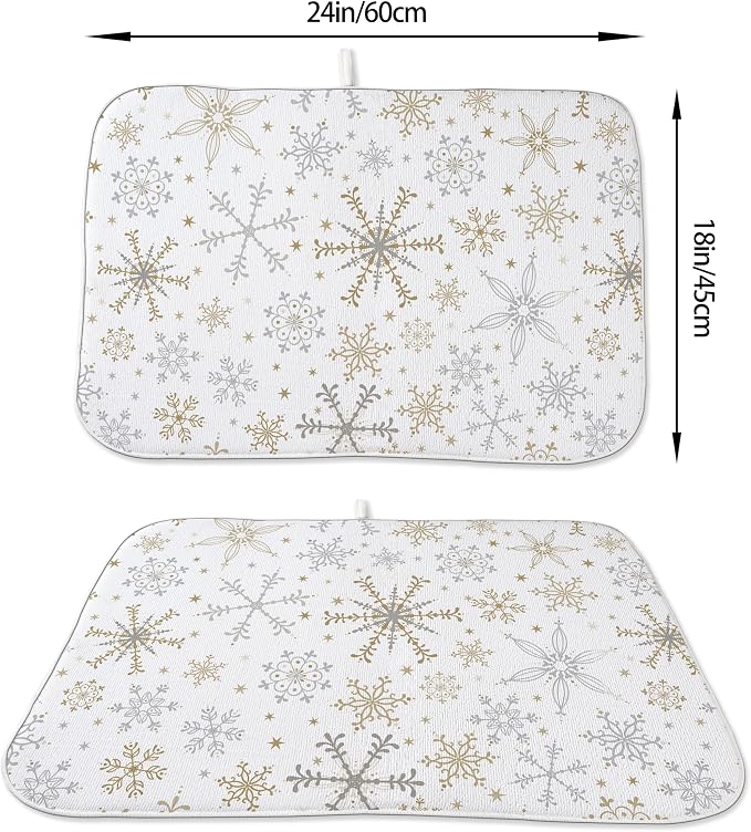 Christmas Drying Mat 18x24 Inches For Kitchen Counter Winter Gold Gray Snowflake Home Decoration Drying Mat Decorative Pad for Kitchen Dining Room Christmas Decoration,Office Decor
