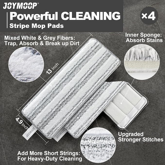 JOYMOOP Flat Mop Replacement Pads, Microfiber Cleaning Refills, Washable Stripe Pads, 13 inch, Pack of 4 for Flat Mop and Mop Bucket System