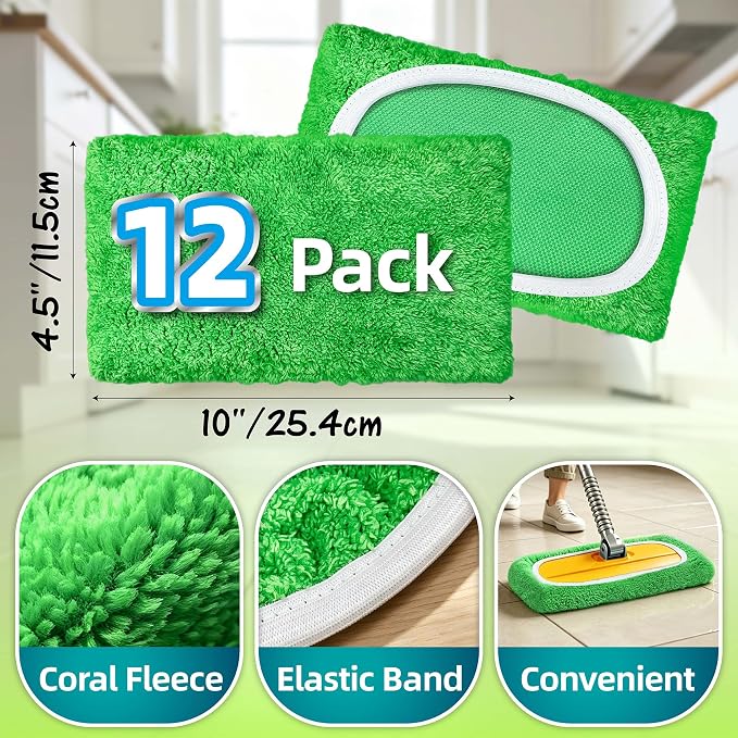 12 Pack Reusable Microfiber Mop Pads Compatible with Swiffer Sweeper | Washable Wet Dry Mop Refills, Machine Washable Sweeping Cloths for Sealed Hardwood, Laminate, Tile and Stone Floors, Green