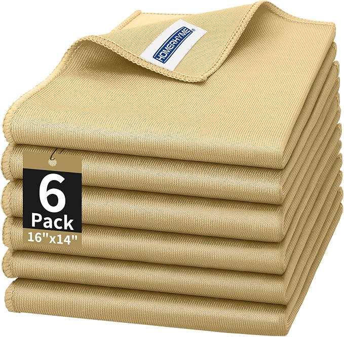 Microfiber Cleaning Cloth - 6 Pack Glasses Cleaning Cloth, 16" x 14" Window Cleaning Rags, Streak Free Lint Free Polishing Cloths Wipes for Eye Glass, Stainless Steel, Windshield, Beige