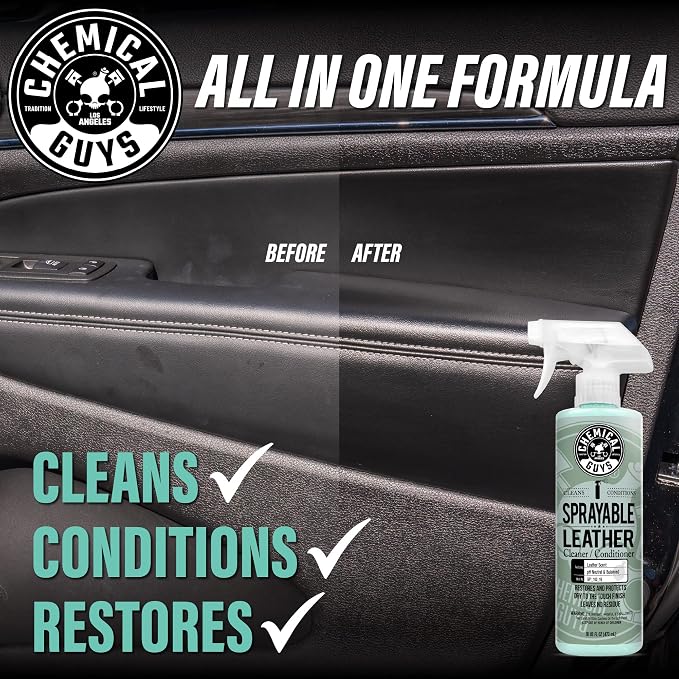 Chemical Guys SPI_103 Sprayable Leather Cleaner and Conditioner in One for Interiors, Apparel, and More (Works on Natural, Synthetic, Pleather, Faux Leather and More) Leather Scent, 128 fl oz (1 Gal) | One-step spray cleans and nourishes leather, vinyl...
