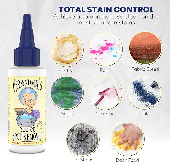 Grandma's Secret Spot Remover - Chlorine, Bleach and Toxin-Free Fabric Stain Remover for Clothes - Removes Oil, Paint, Blood and Pet Stains – 2 Ounce, 6 Pack
