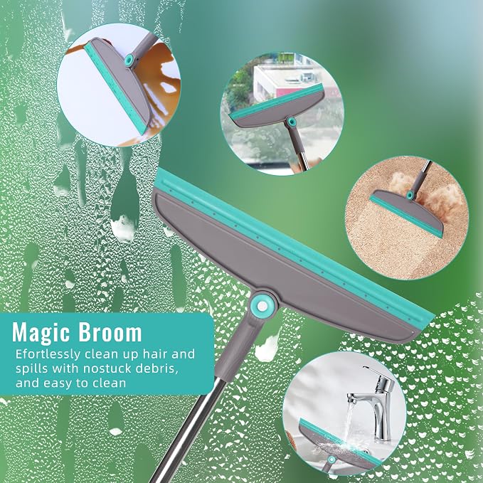 Broom with Dustpan Combo Set, Silicone Broom Squeegee and Scrub Brush Set with Long Adjustable Handle for Indoor & Outdoor Sweeping and Scrubbing, Ideal for Pet Hair, Liquids and Dirt